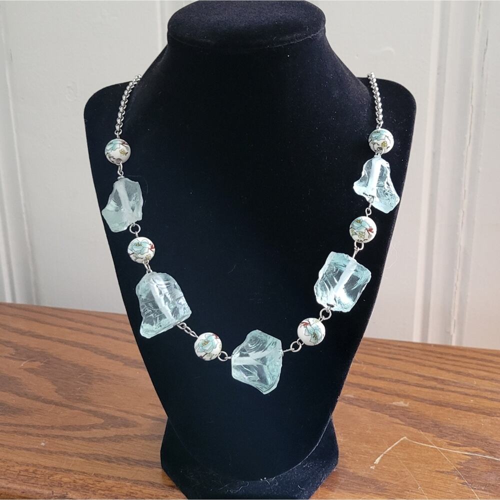 Aquamarine glass & porcelain painted beads chunky statement piece necklace